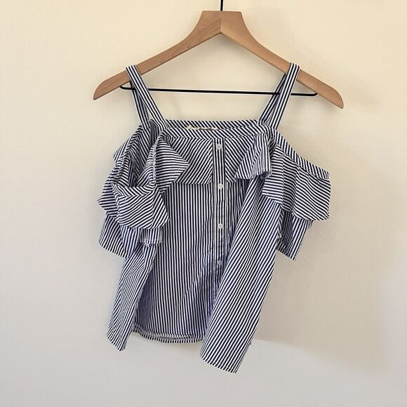 White Tops - Elodie Stripe Blue & White Off The Shoulder Top - Large